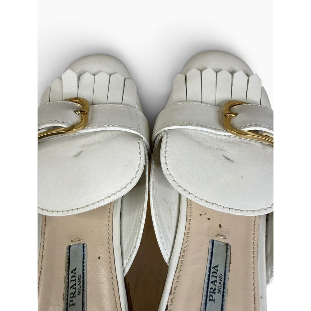 Prada White Leather Fringe Buckle Mules Flats IT 39 US 9 Gold Hardware - Picture 6 of 11
